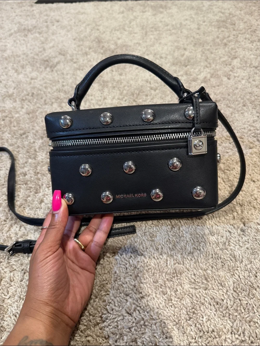 Michael Kors Black Leather Studded Crossbody Top-Handle Bag